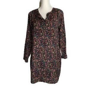 19 Cooper Women Split Neck Shift Mini Dress Long Sleeve black pink Print Sz M